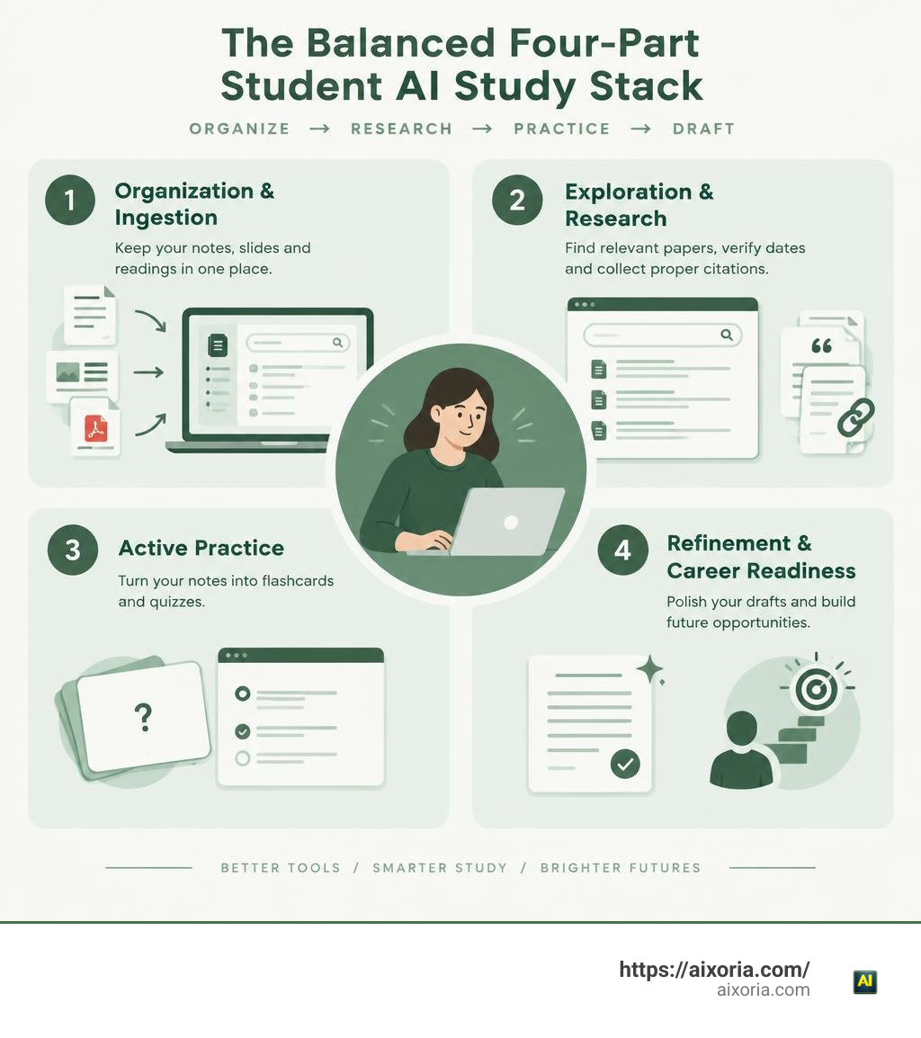 Balanced four-part student AI study stack covering organization, research, active recall, and drafting infographic