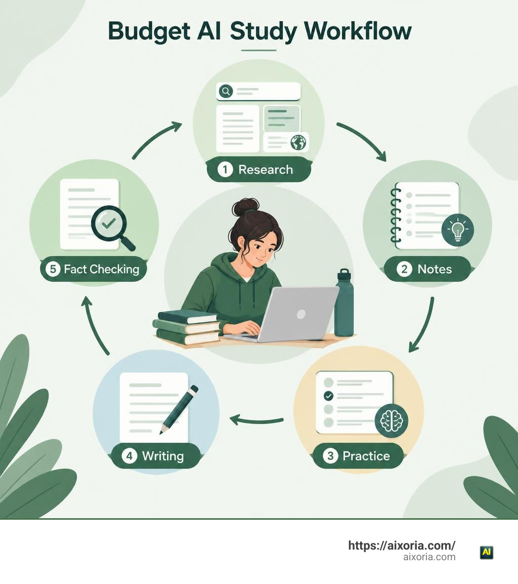 Budget AI study workflow: research, notes, practice, writing, and fact checking infographic