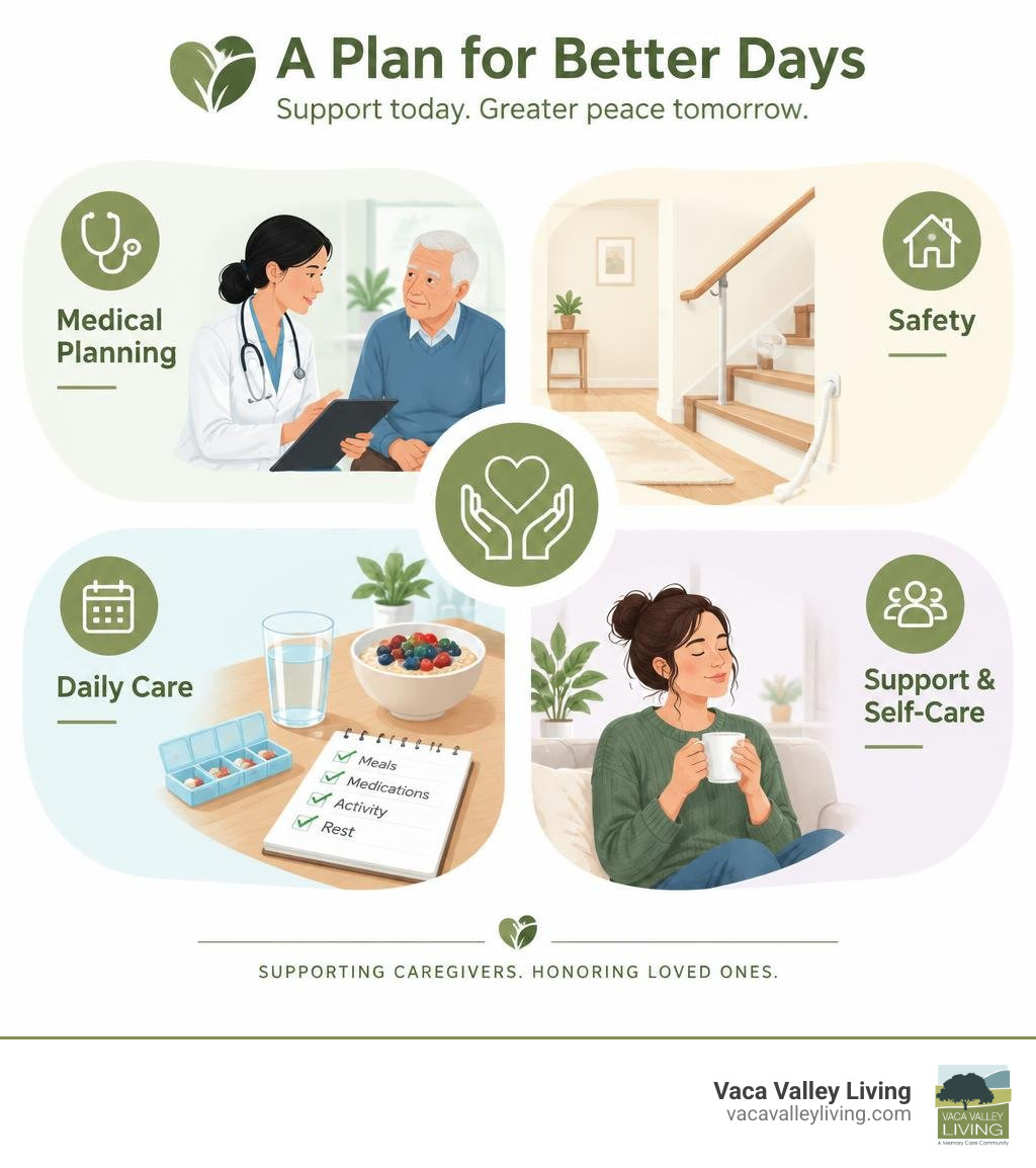 Infographic showing medical planning safety daily care support and caregiver self-care infographic Infographic showing medical planning safety daily care support and caregiver self-care infographic
