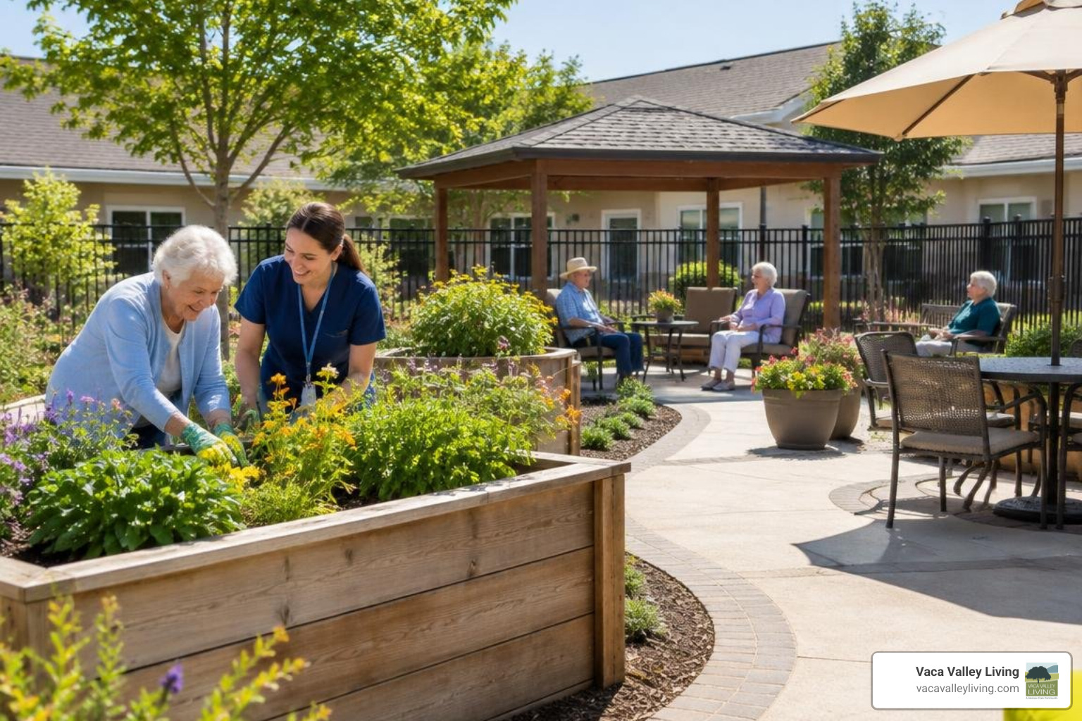 Secure memory care courtyard and community design Secure memory care courtyard and community design