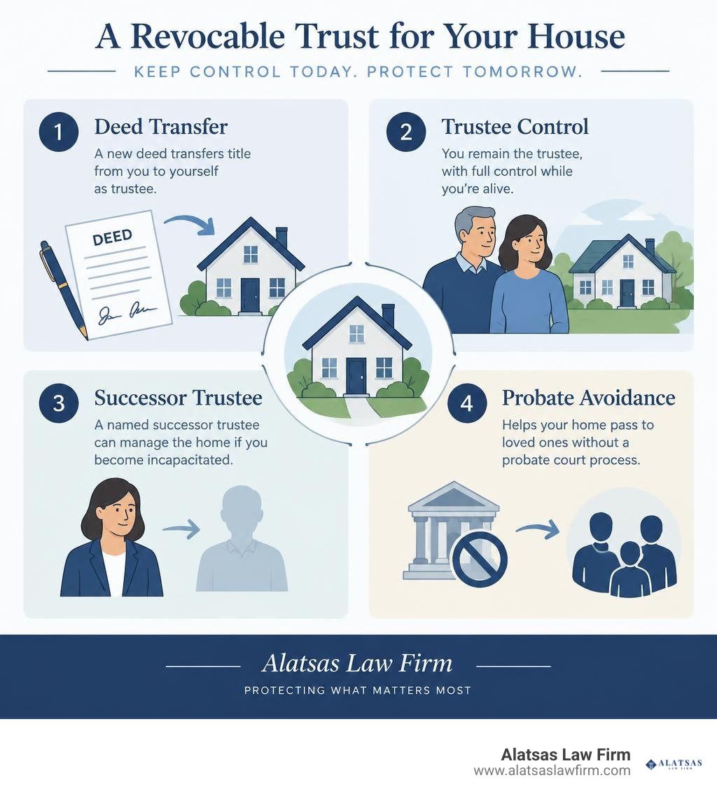Infographic showing deed transfer, trustee control, successor trustee, and probate avoidance infographic