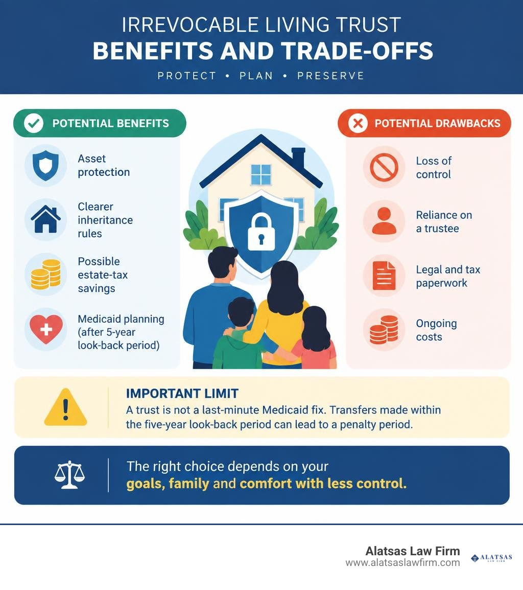Irrevocable trust benefits and trade-offs infographic infographic Irrevocable trust benefits and trade-offs infographic infographic