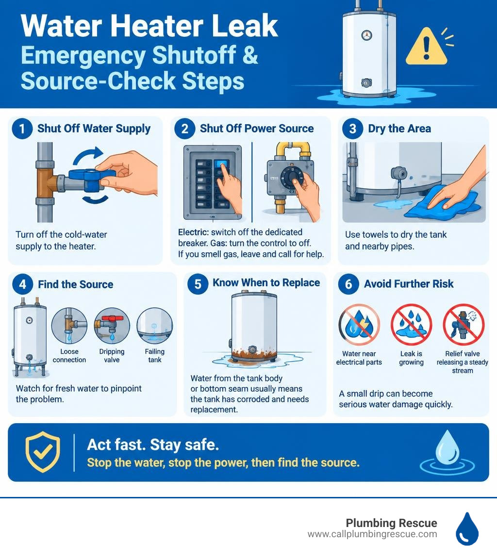 Water heater leak emergency shutoff and source-check steps infographic