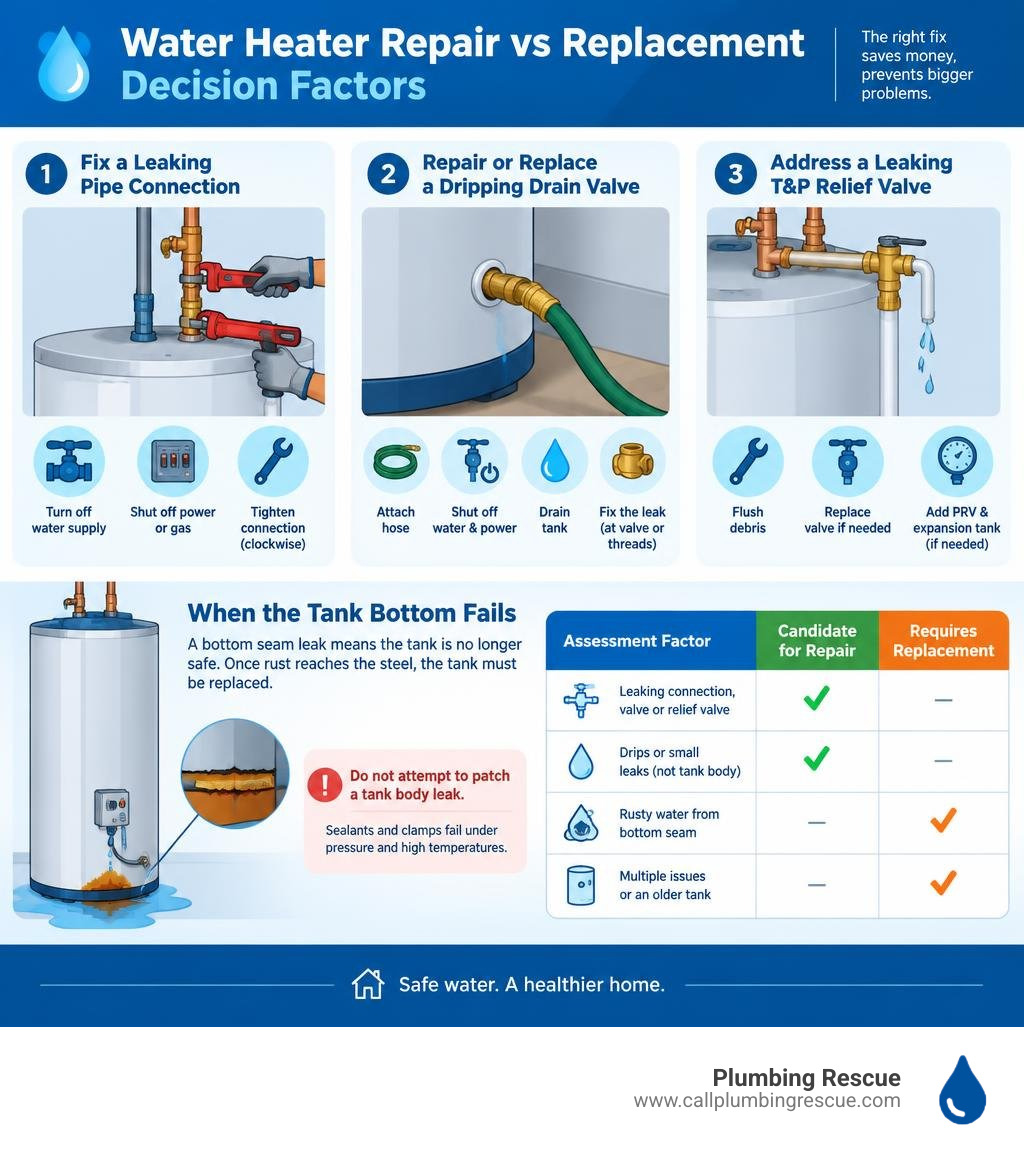 Water heater repair vs replacement decision factors infographic
