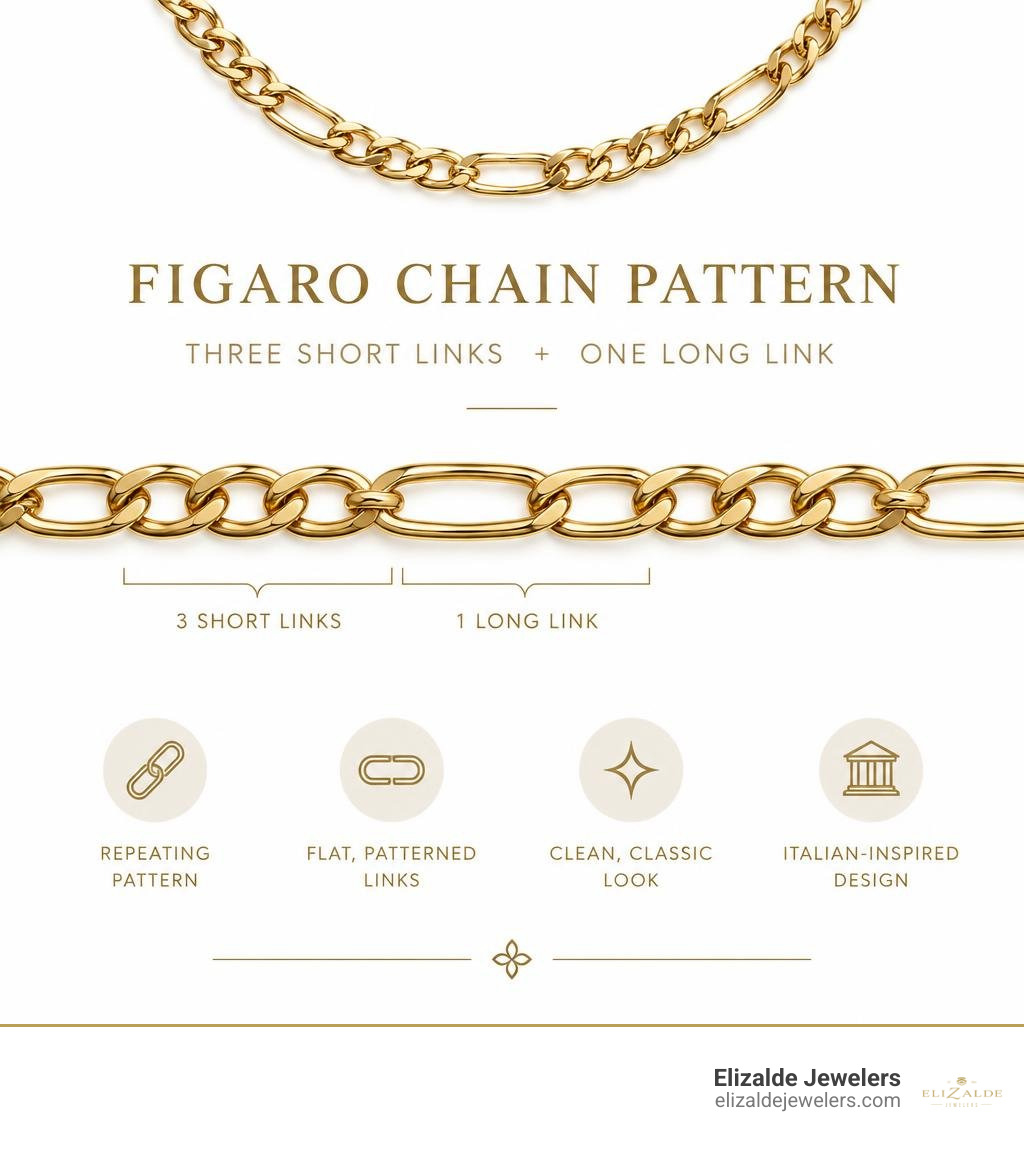 Figaro chain pattern with three short links and one long link infographic Figaro chain pattern with three short links and one long link infographic