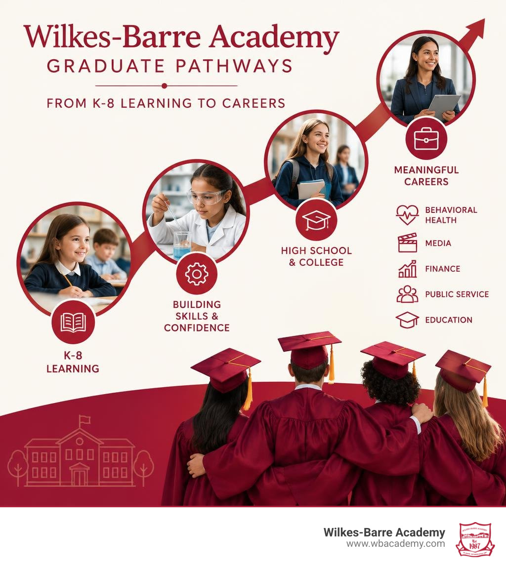 Wilkes-Barre Academy graduate pathways from K-8 learning to careers infographic Wilkes-Barre Academy graduate pathways from K-8 learning to careers infographic