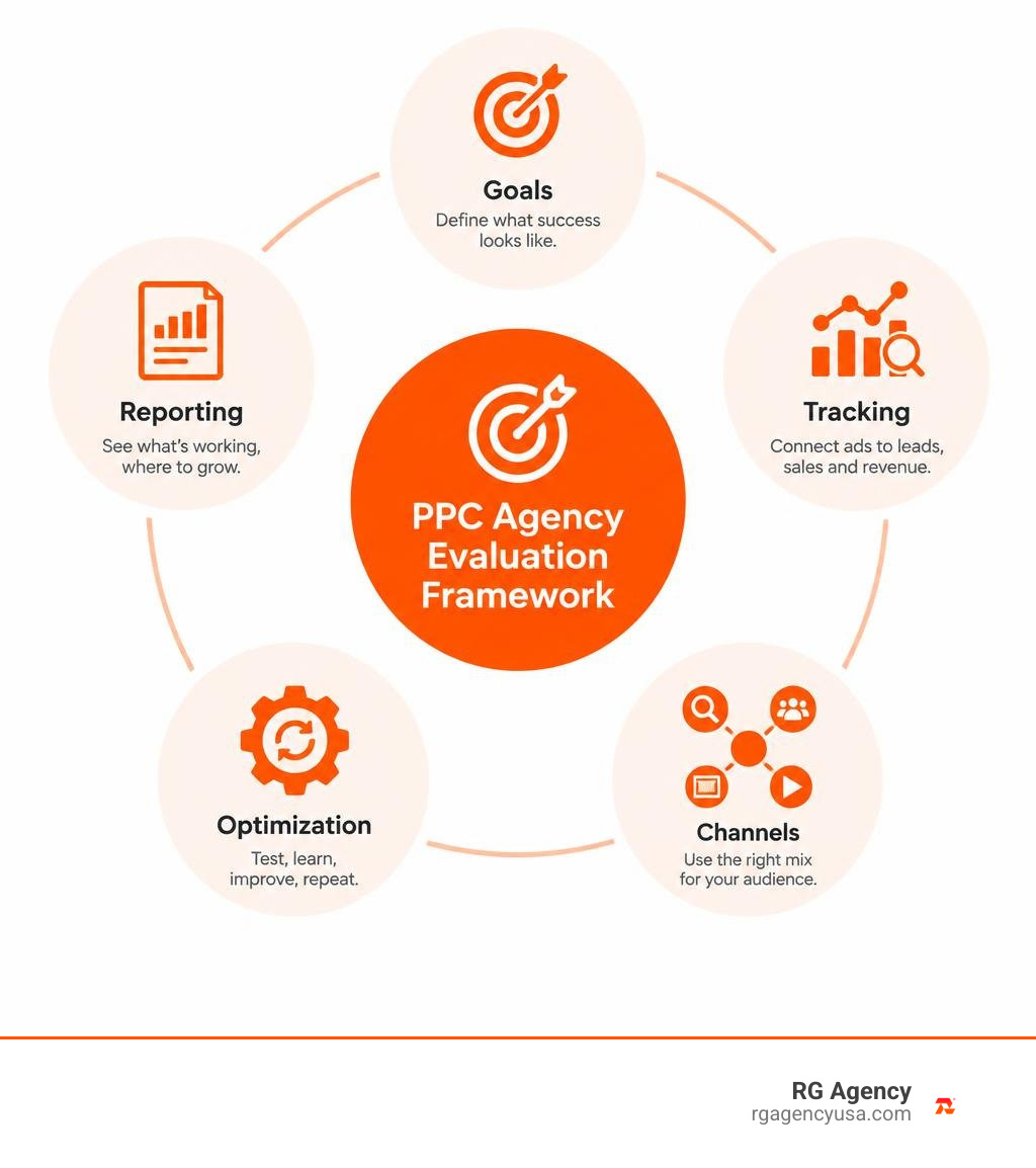 PPC agency evaluation framework: goals, tracking, channels, optimization, reporting infographic PPC agency evaluation framework: goals, tracking, channels, optimization, reporting infographic