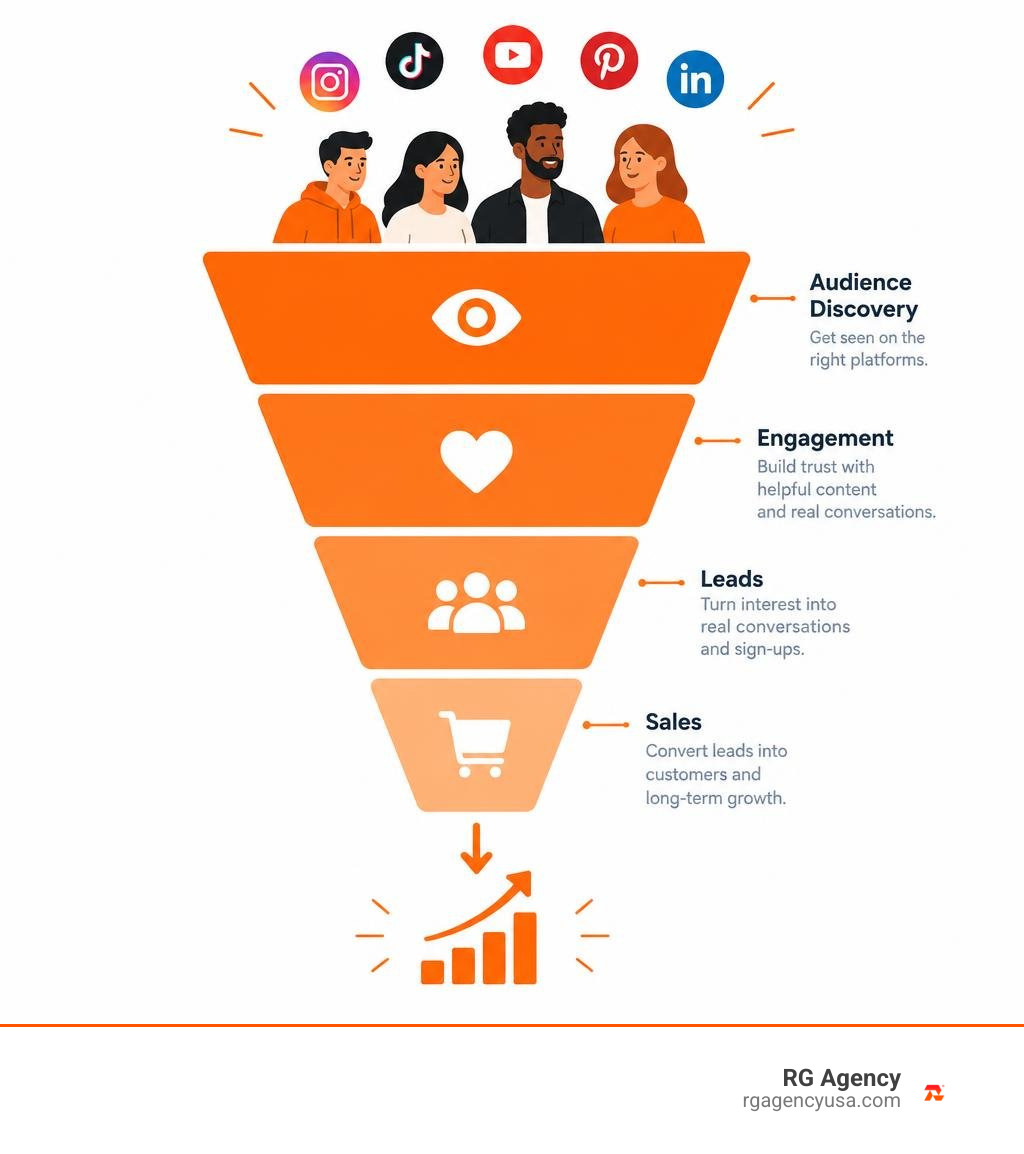 Social media marketing funnel from audience discovery to leads and sales infographic Social media marketing funnel from audience discovery to leads and sales infographic