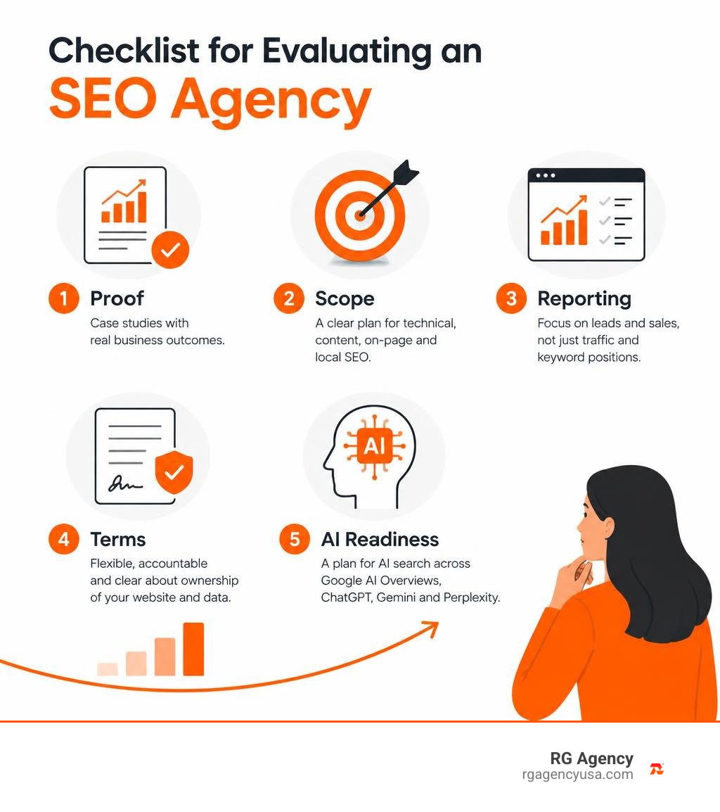 Checklist for evaluating an SEO agency: proof, scope, reporting, terms, AI readiness infographic Checklist for evaluating an SEO agency: proof, scope, reporting, terms, AI readiness infographic
