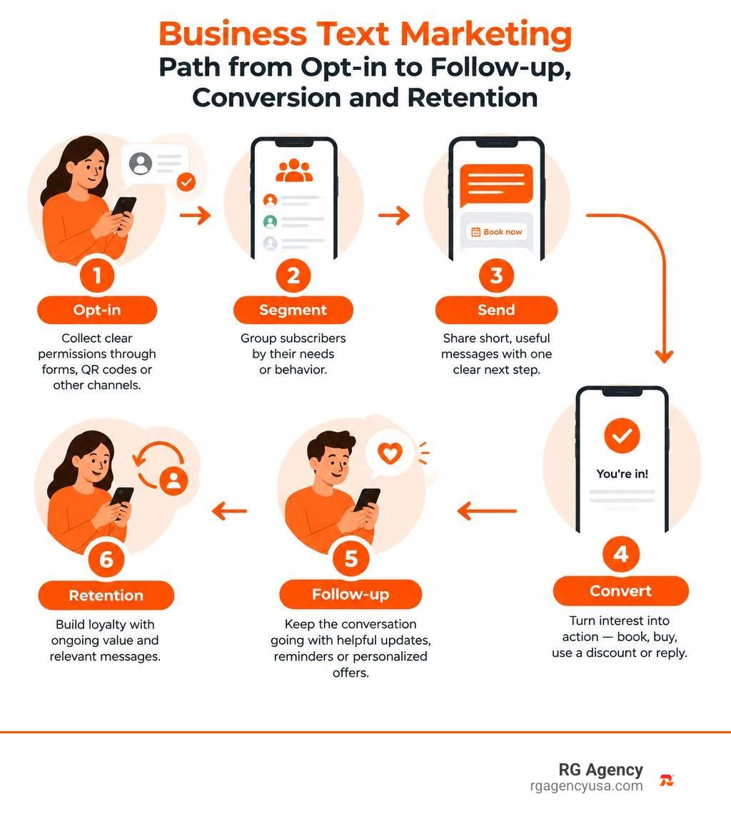 Business text marketing path from opt-in to follow-up, conversion, and retention infographic Business text marketing path from opt-in to follow-up, conversion, and retention infographic
