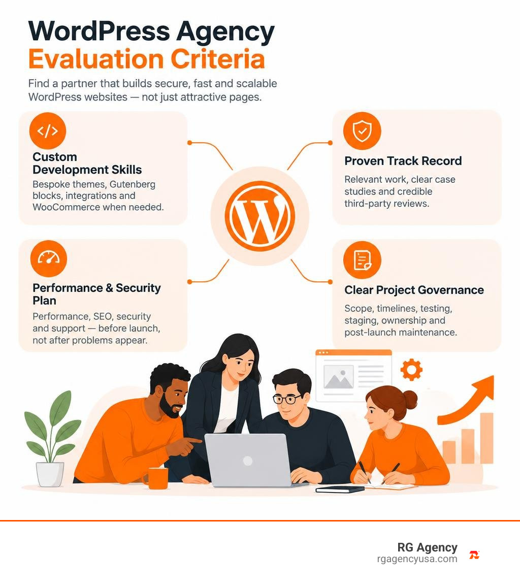 Infographic showing WordPress agency evaluation criteria infographic Infographic showing WordPress agency evaluation criteria infographic