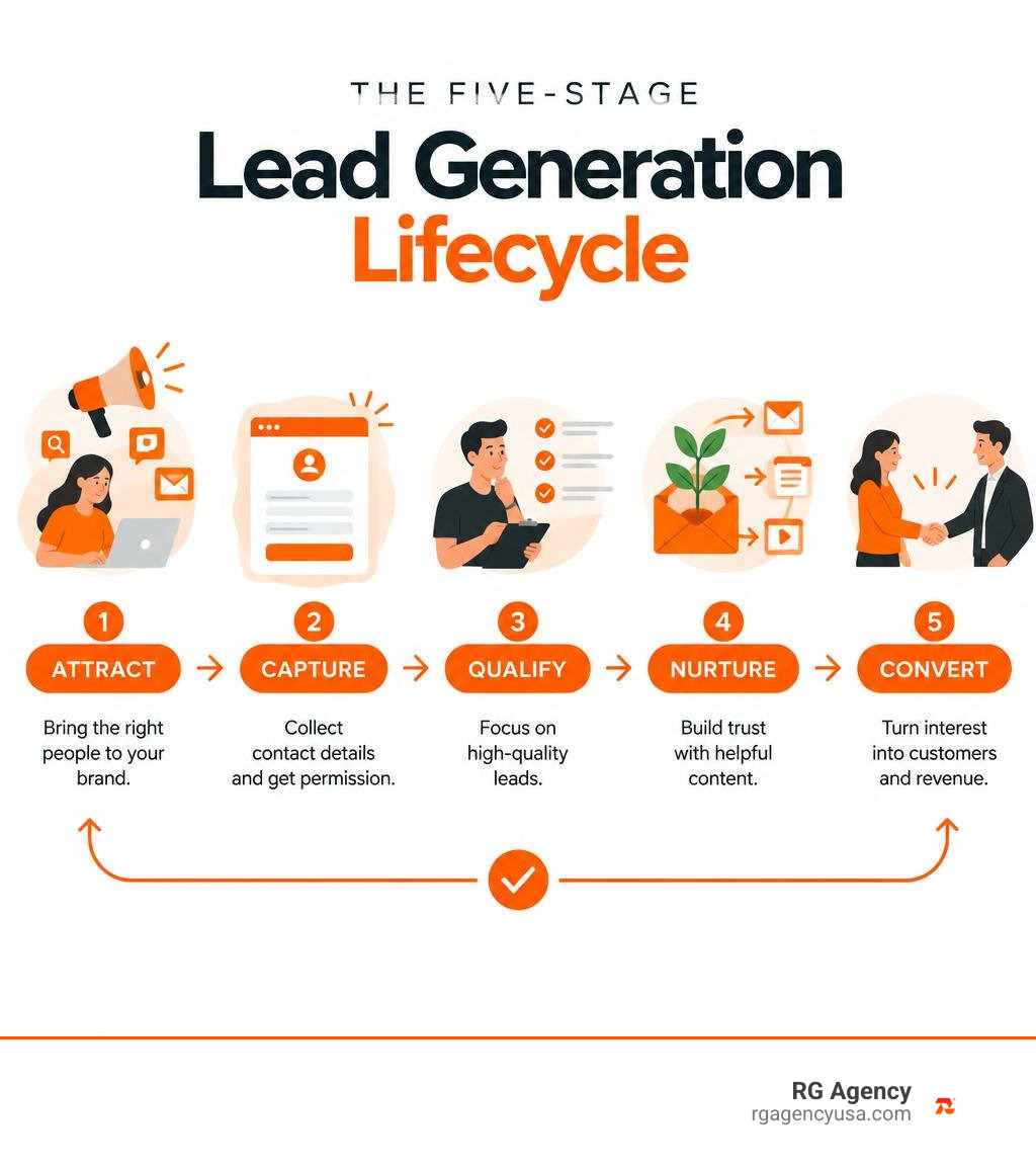 Five-stage lead generation lifecycle: attract, capture, qualify, nurture, convert infographic Five-stage lead generation lifecycle: attract, capture, qualify, nurture, convert infographic