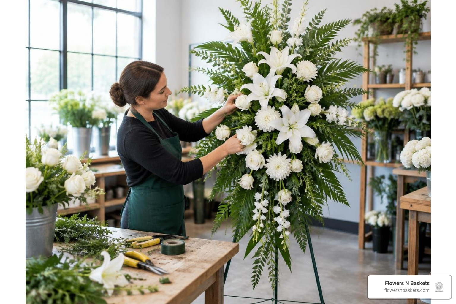 florist crafting an easel standing spray