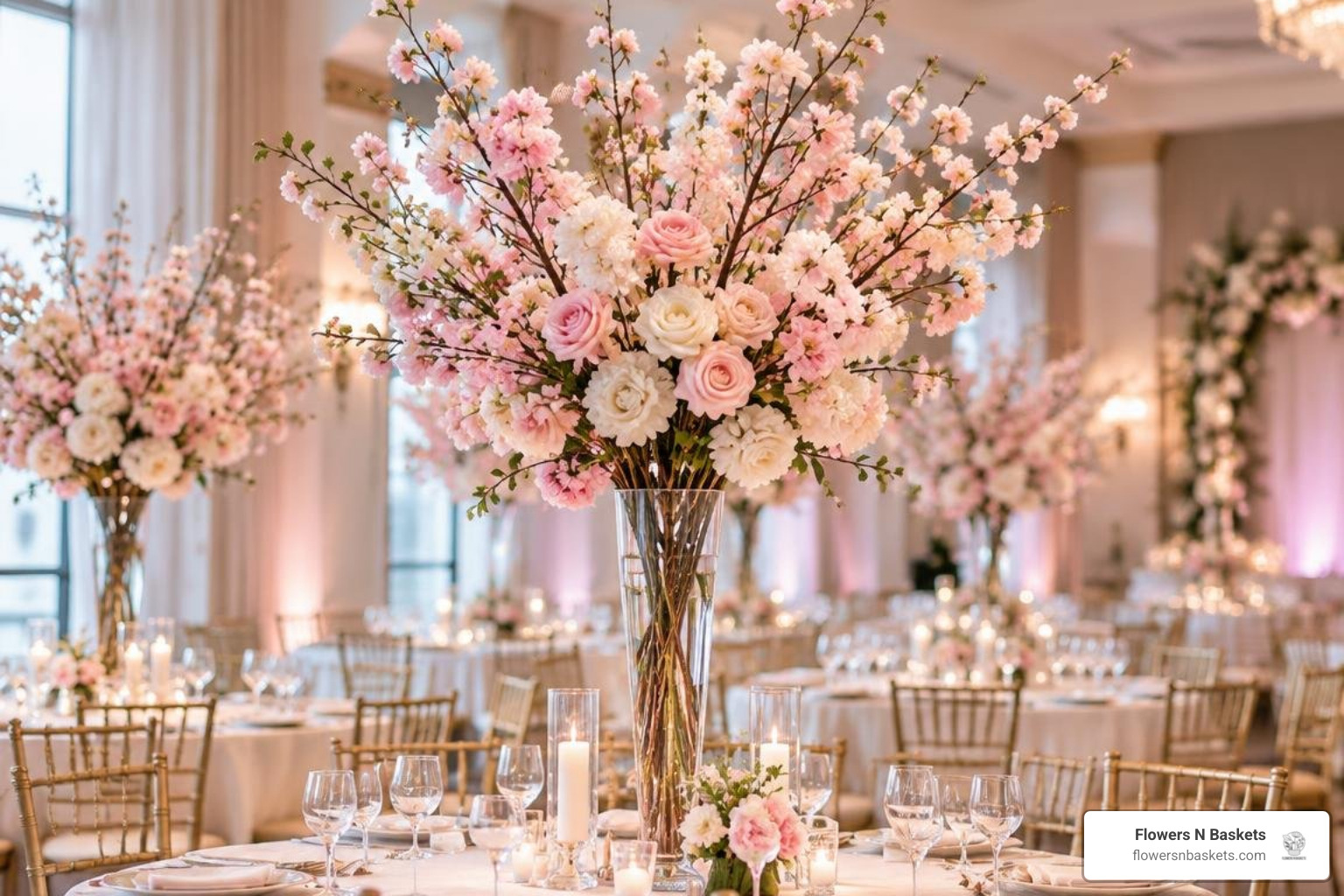 tall cherry blossom branch centerpieces on reception dining tables