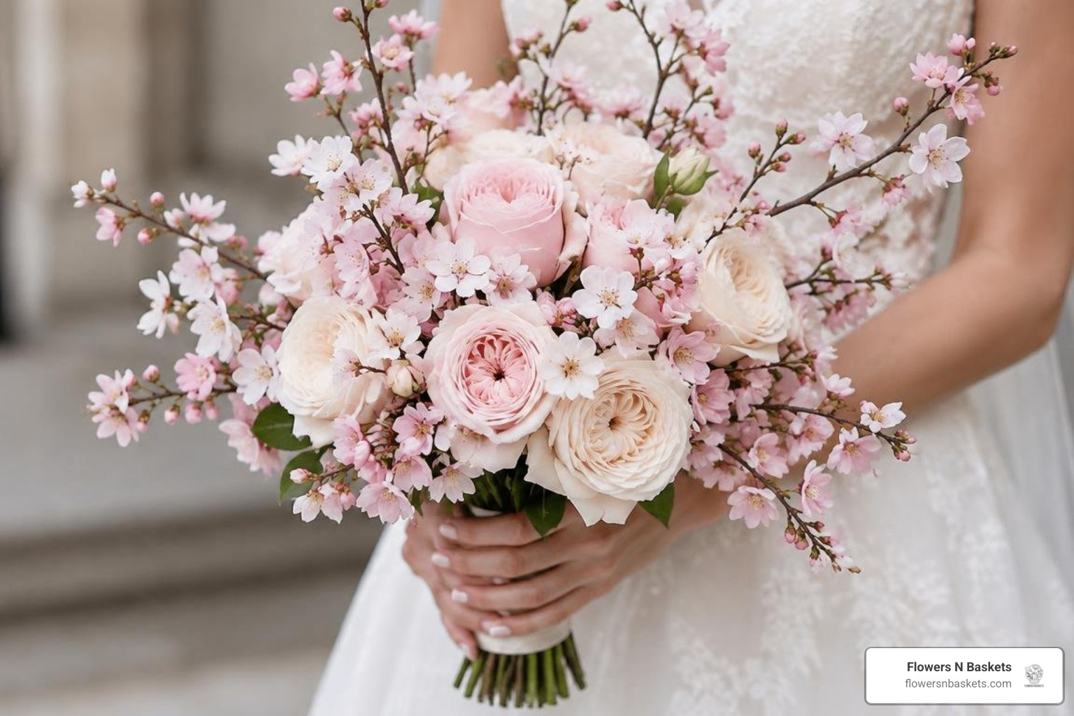 delicate cherry blossom bridal bouquet paired with garden roses