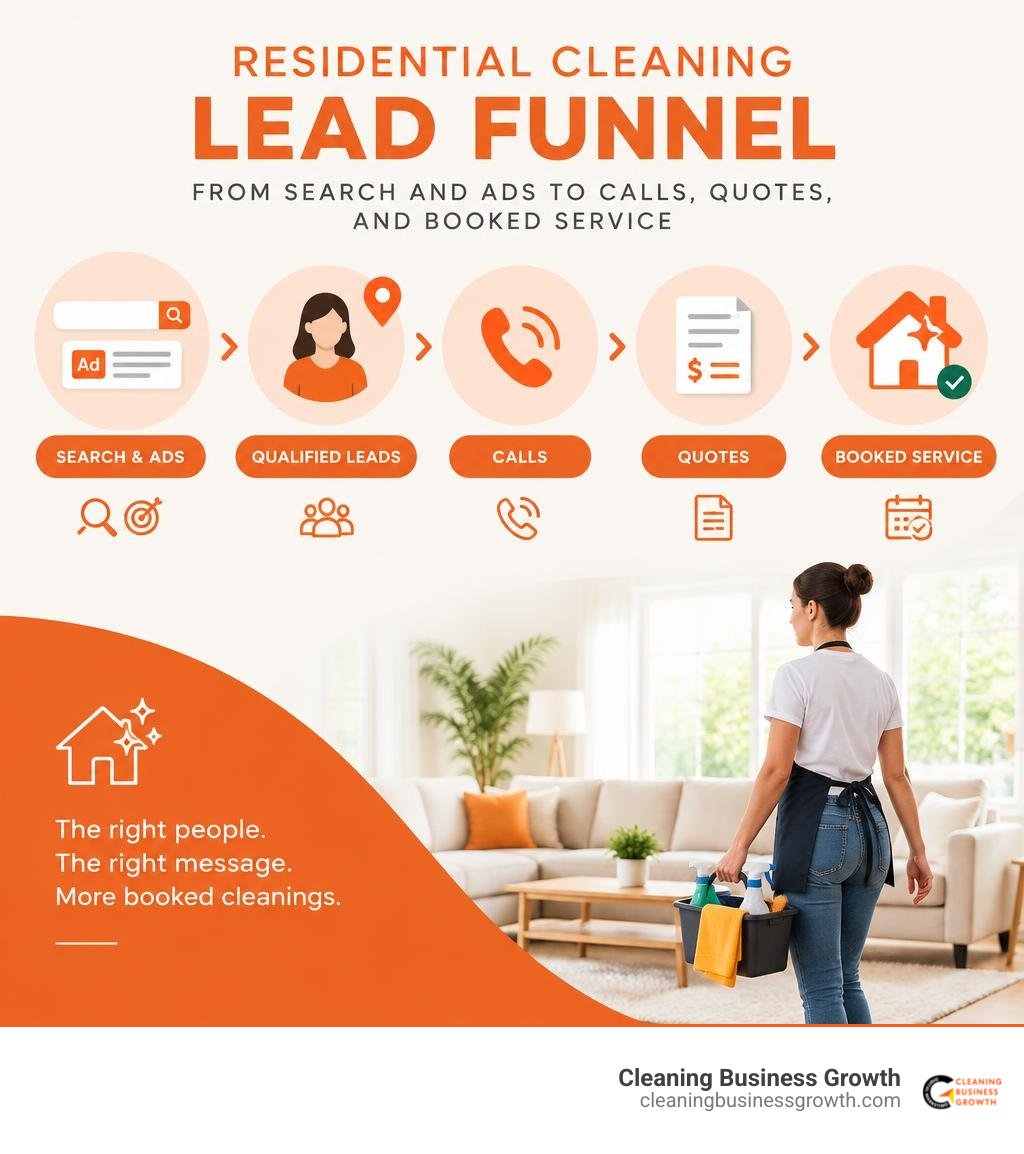 Residential cleaning lead funnel from search and ads to calls, quotes, and booked service infographic Residential cleaning lead funnel from search and ads to calls, quotes, and booked service infographic