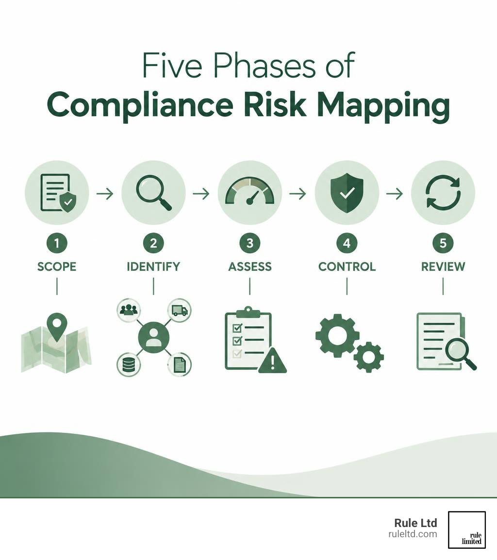 Five phases of compliance risk mapping: scope, identify, assess, control, review infographic Five phases of compliance risk mapping: scope, identify, assess, control, review infographic