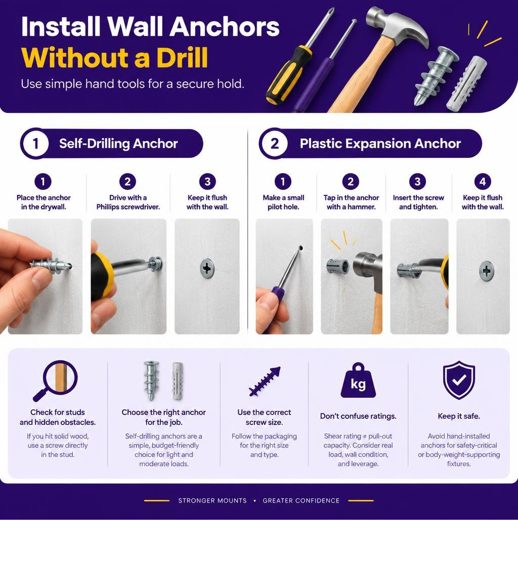 Infographic showing self-drilling and plastic anchor installation with hand tools infographic