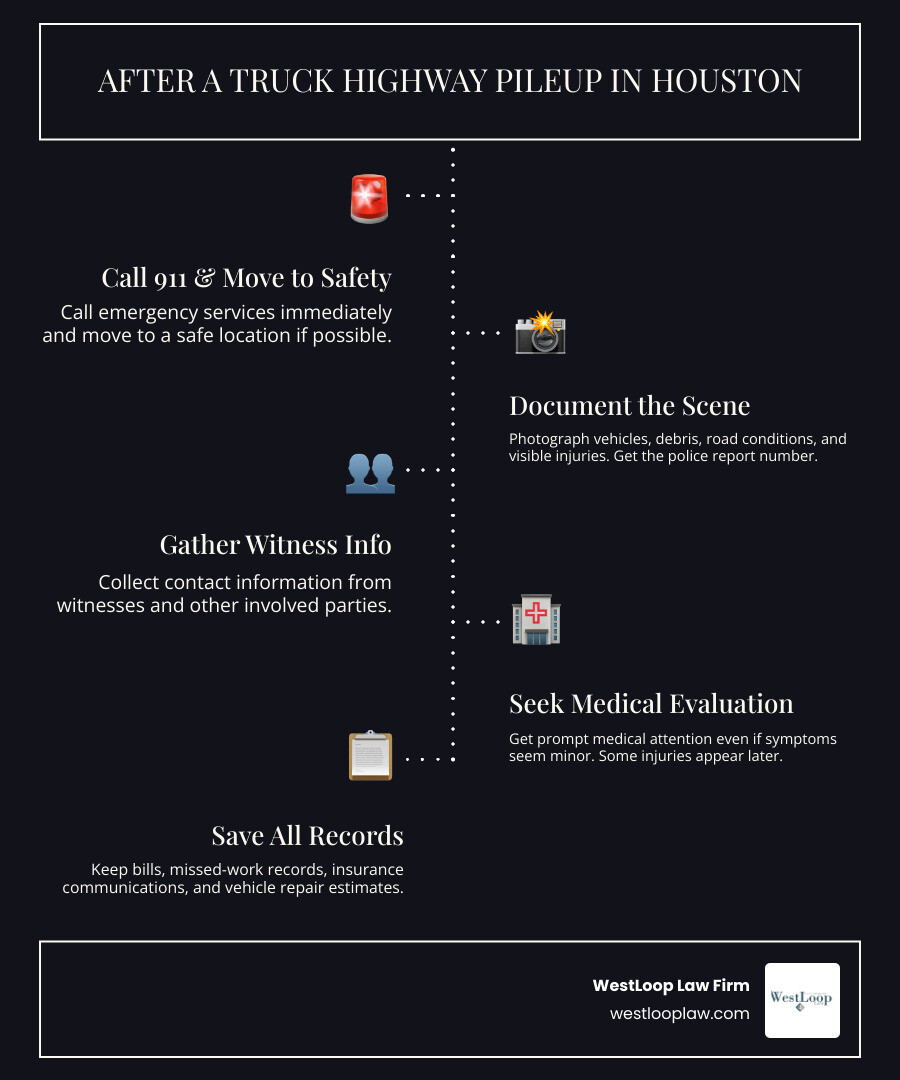 Truck pileup liability and evidence steps infographic Truck pileup liability and evidence steps infographic