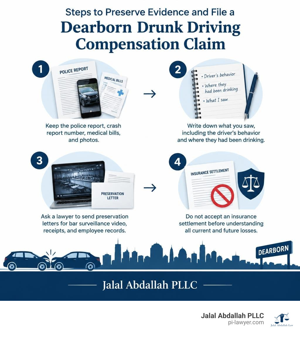 Steps to preserve evidence and file a Dearborn drunk driving compensation claim infographic Steps to preserve evidence and file a Dearborn drunk driving compensation claim infographic