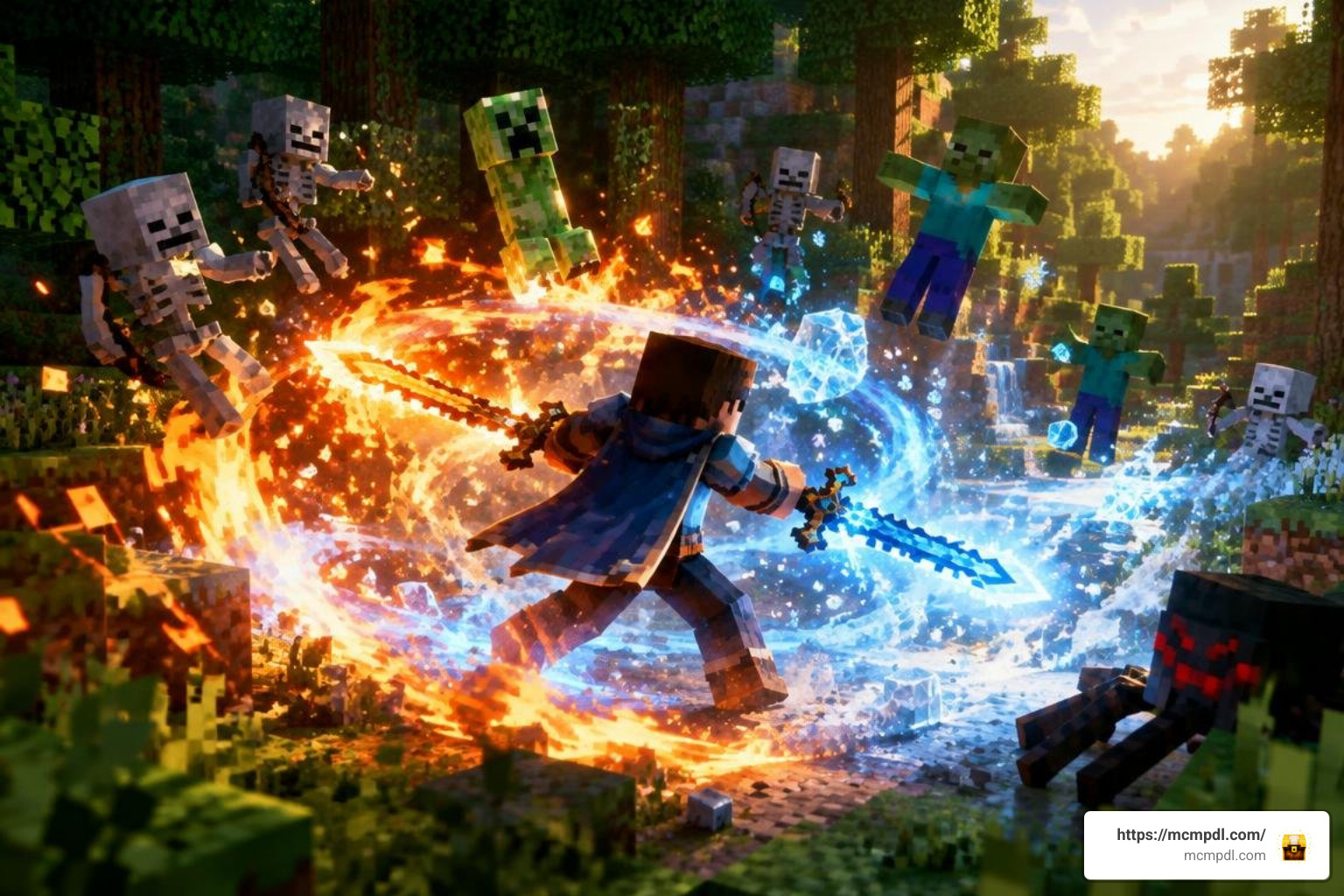 Double-sided spellsword area-of-effect elemental attack in Minecraft Bedrock