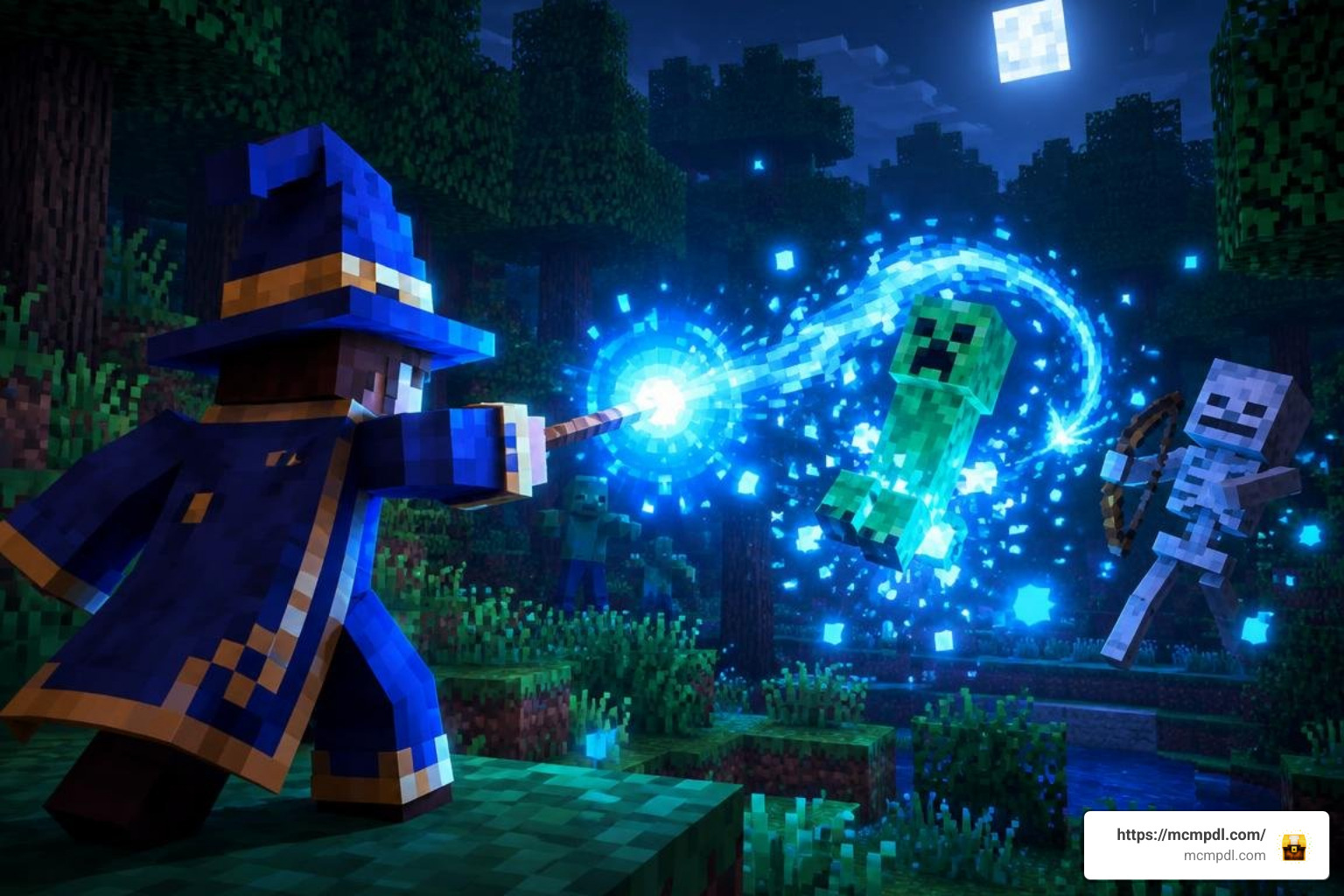 Player battling mobs using magic wands and spells