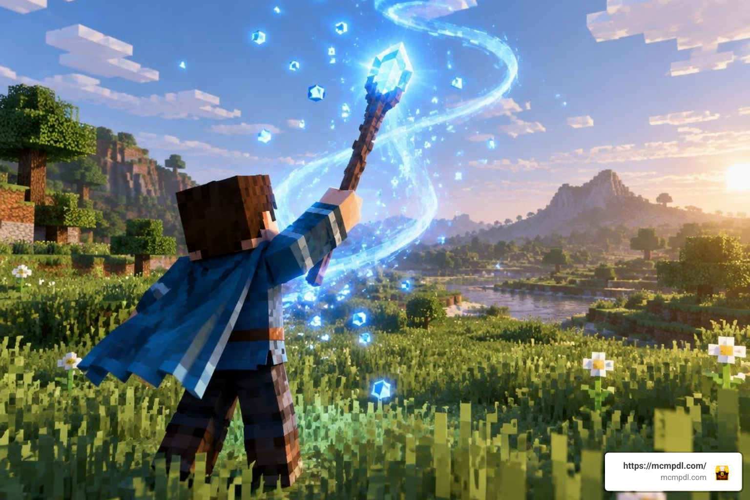 Minecraft player casting spells with a magic staff