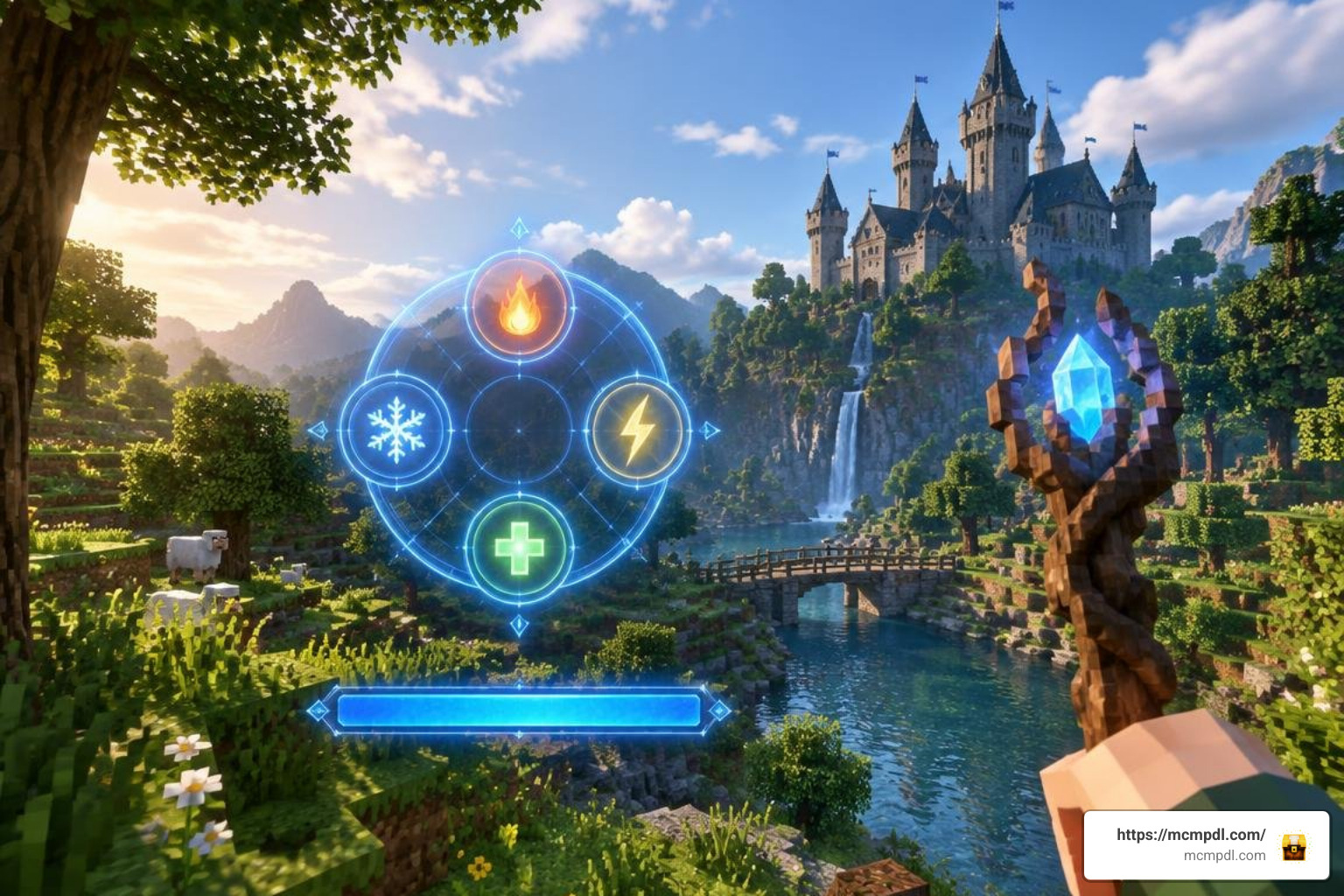 User interface displaying mana bar and spell selection mechanics