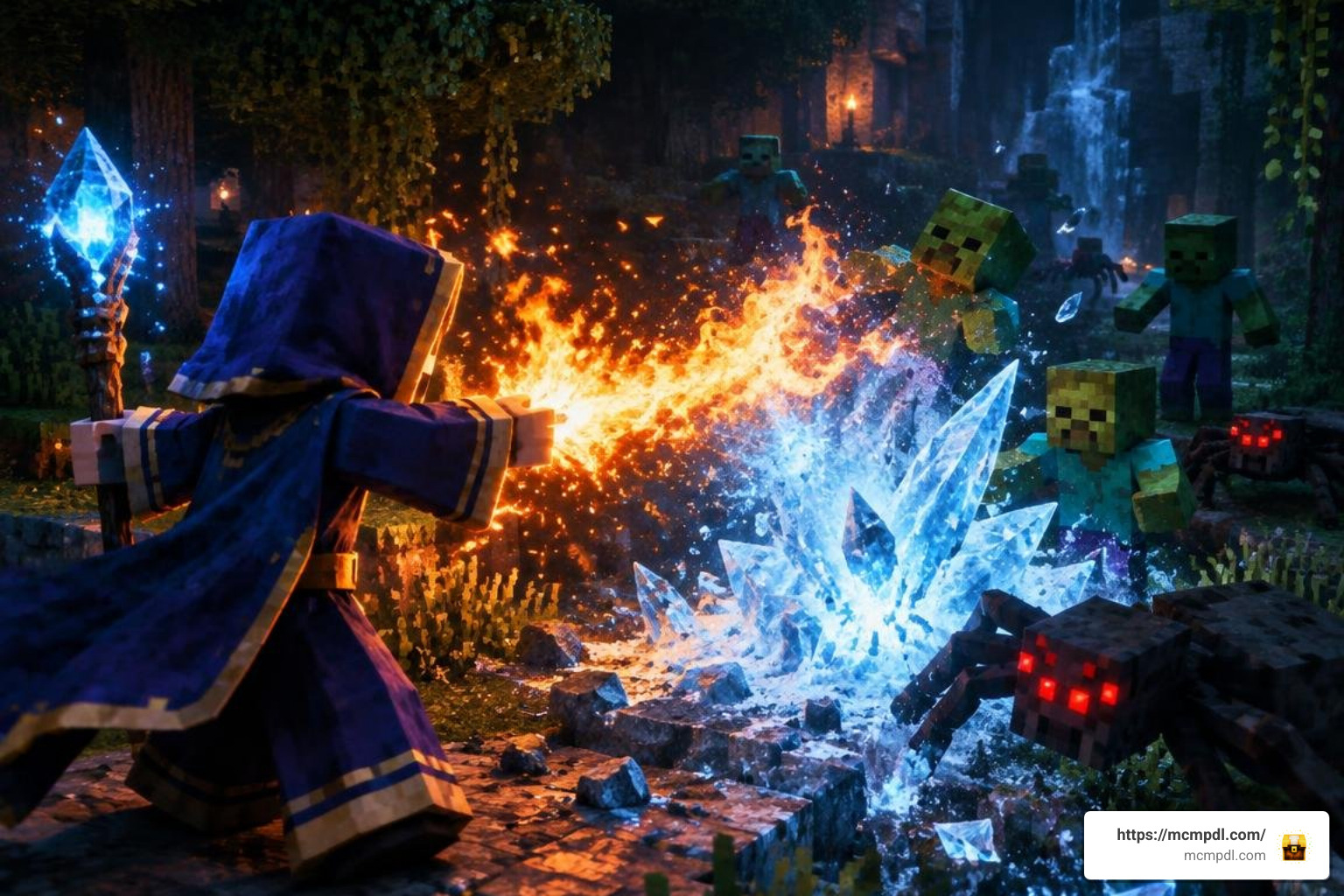 Wizard character fighting hostile mobs using fire and ice magic