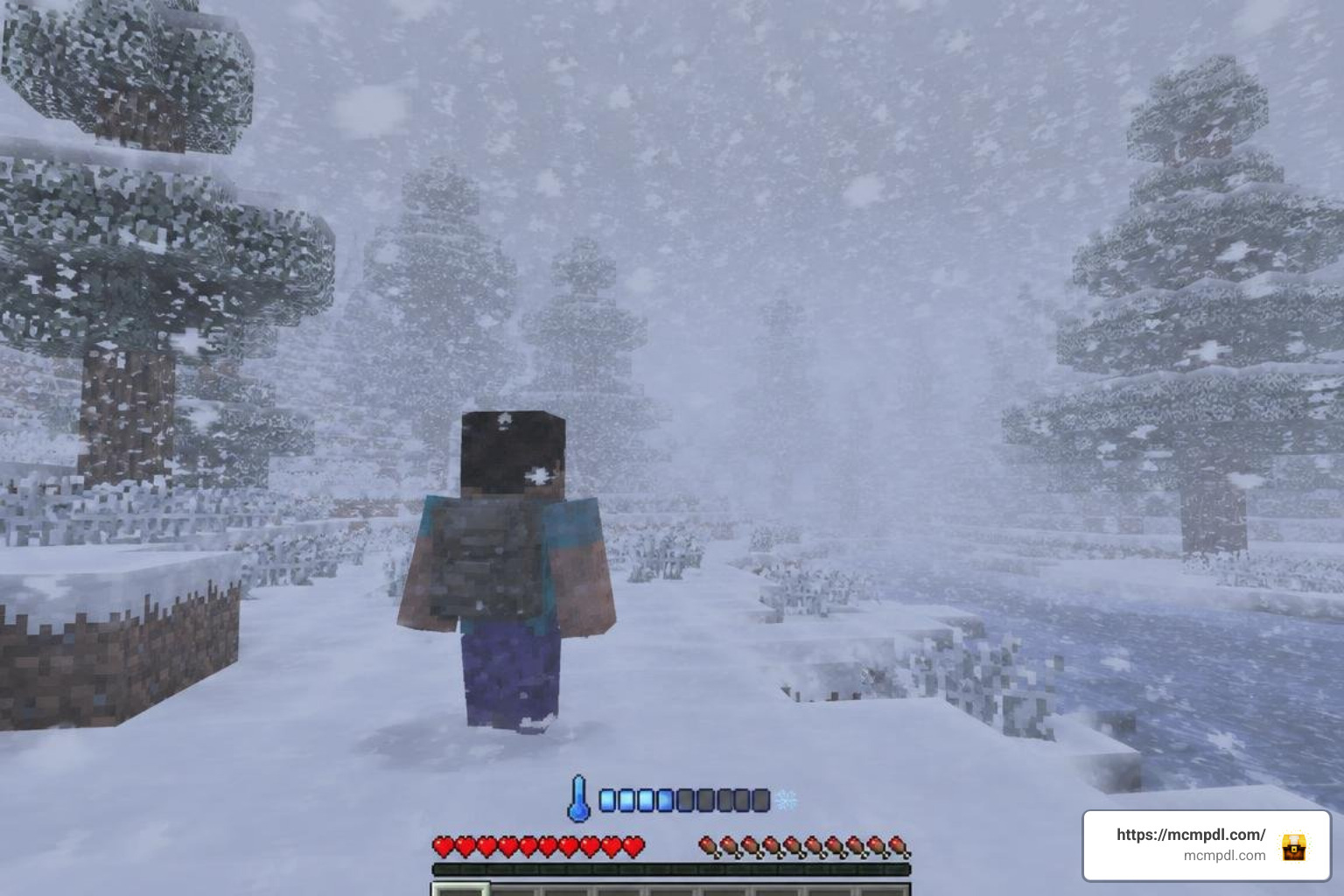 In-game temperature UI and blizzard weather effects in Minecraft Bedrock