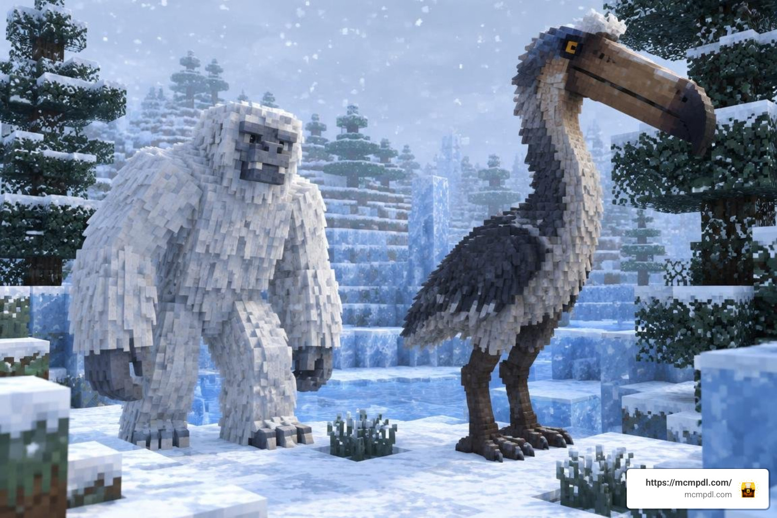 Prehistoric mob reskins including Yetis and Kelenken birds in Minecraft Bedrock