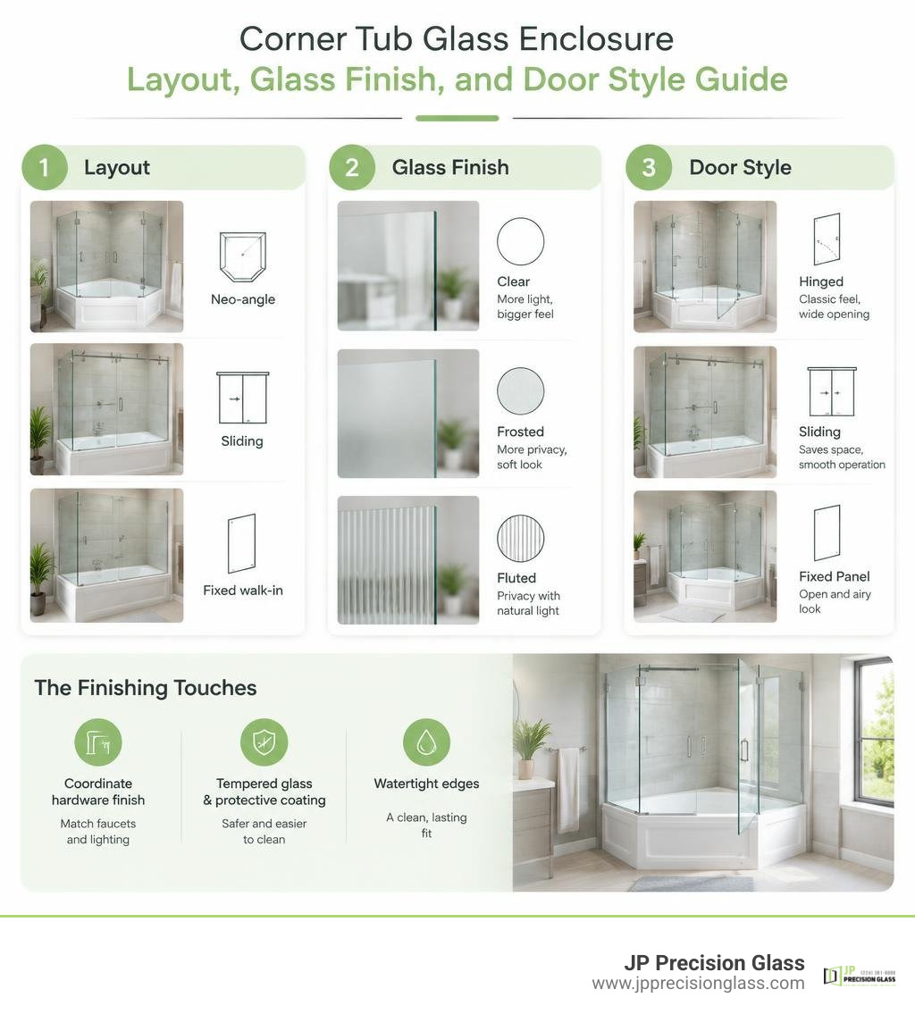 Corner tub enclosure layout, glass finish, and door style guide infographic Corner tub enclosure layout, glass finish, and door style guide infographic