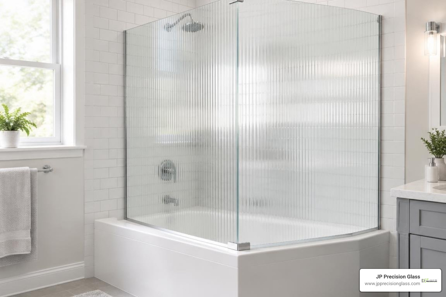 Textured fluted glass panel installed on a corner tub Textured fluted glass panel installed on a corner tub