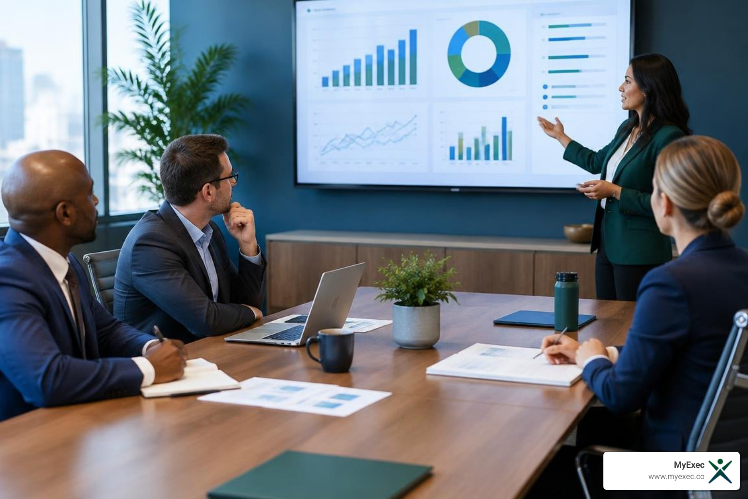 Executive finance team reviewing an annual business budget dashboard Executive finance team reviewing an annual business budget dashboard