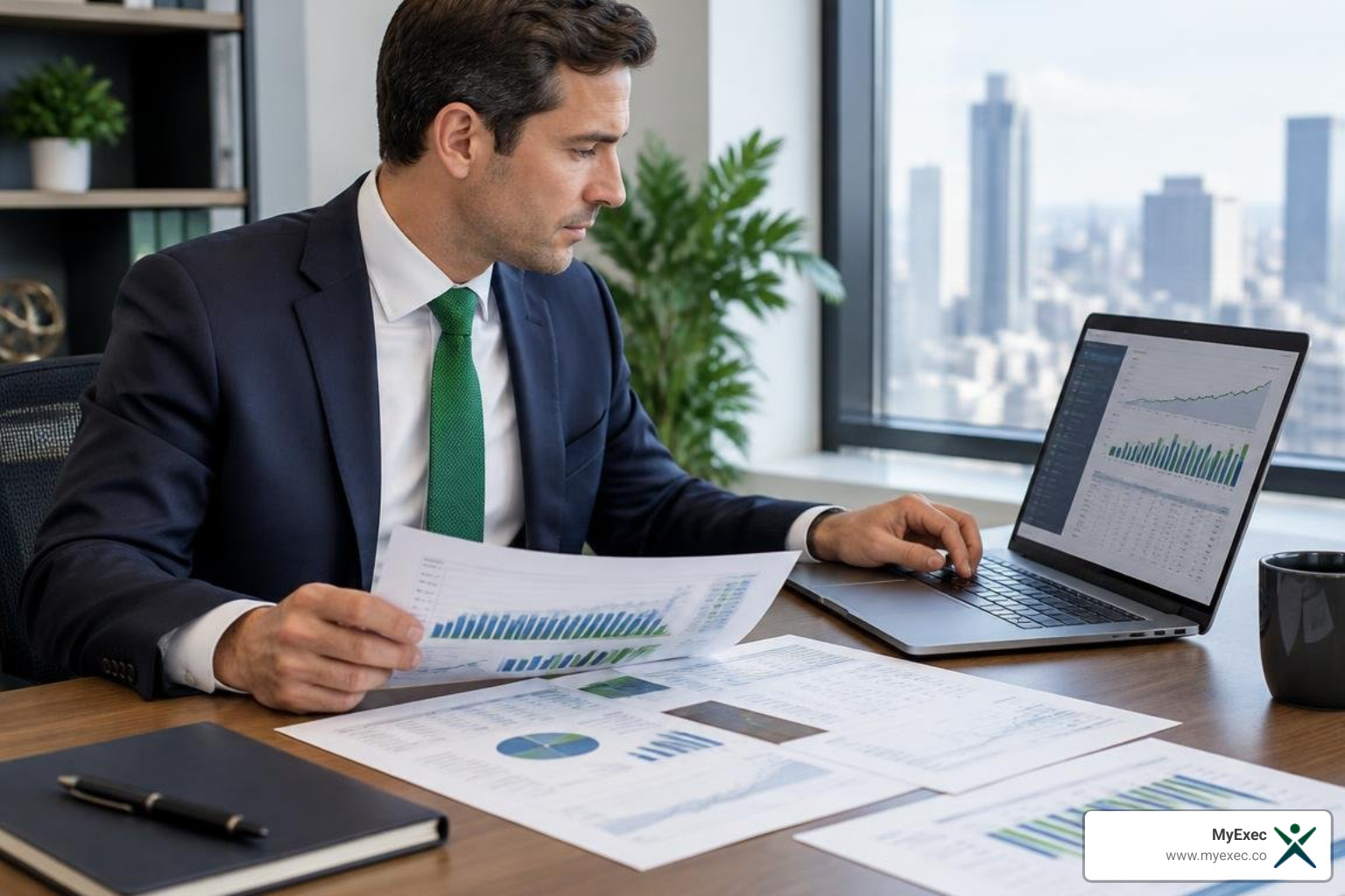 Finance executive reviewing a business valuation model with cash-flow projections Finance executive reviewing a business valuation model with cash-flow projections