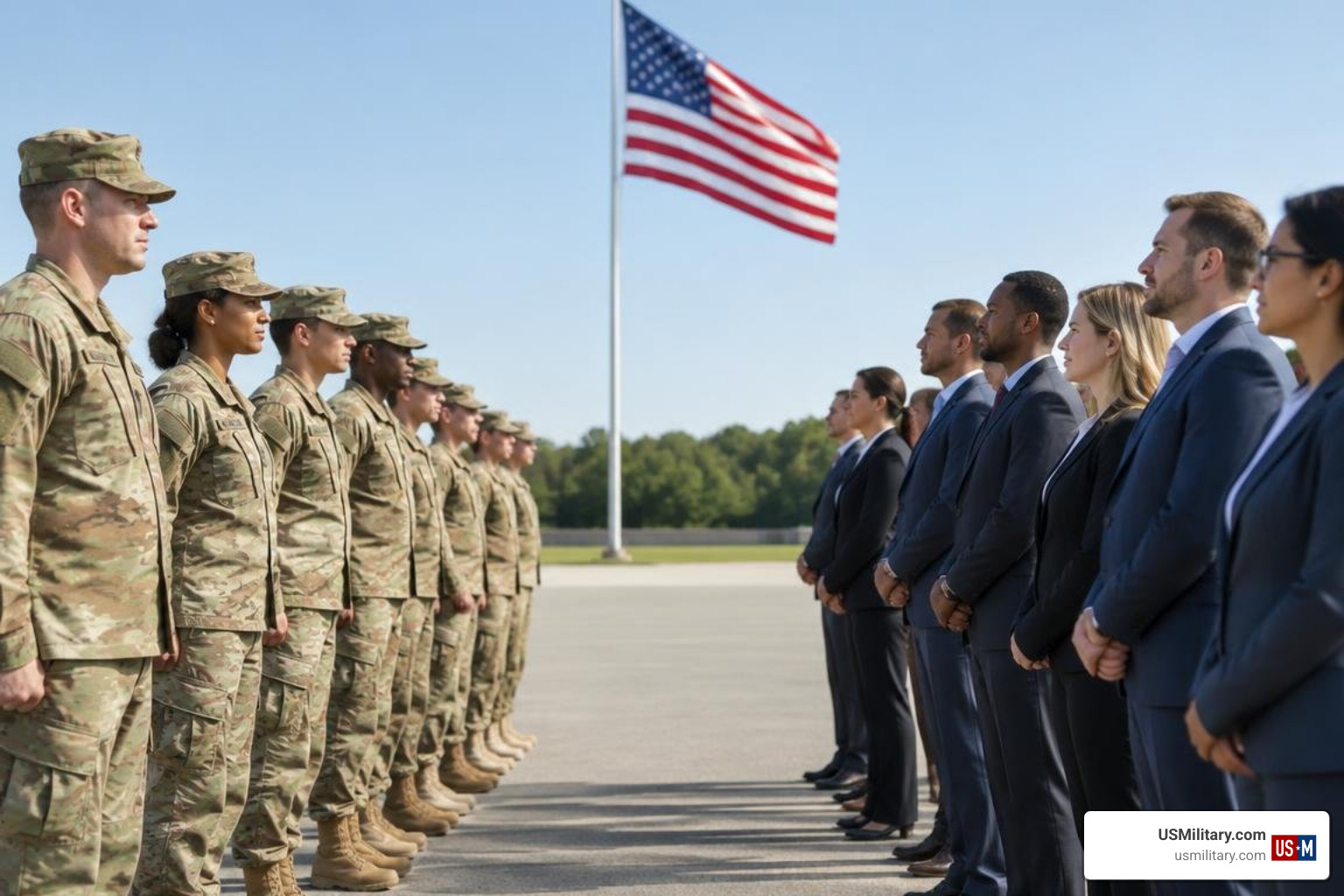 American soldiers standing in formation alongside a corporate business team American soldiers standing in formation alongside a corporate business team