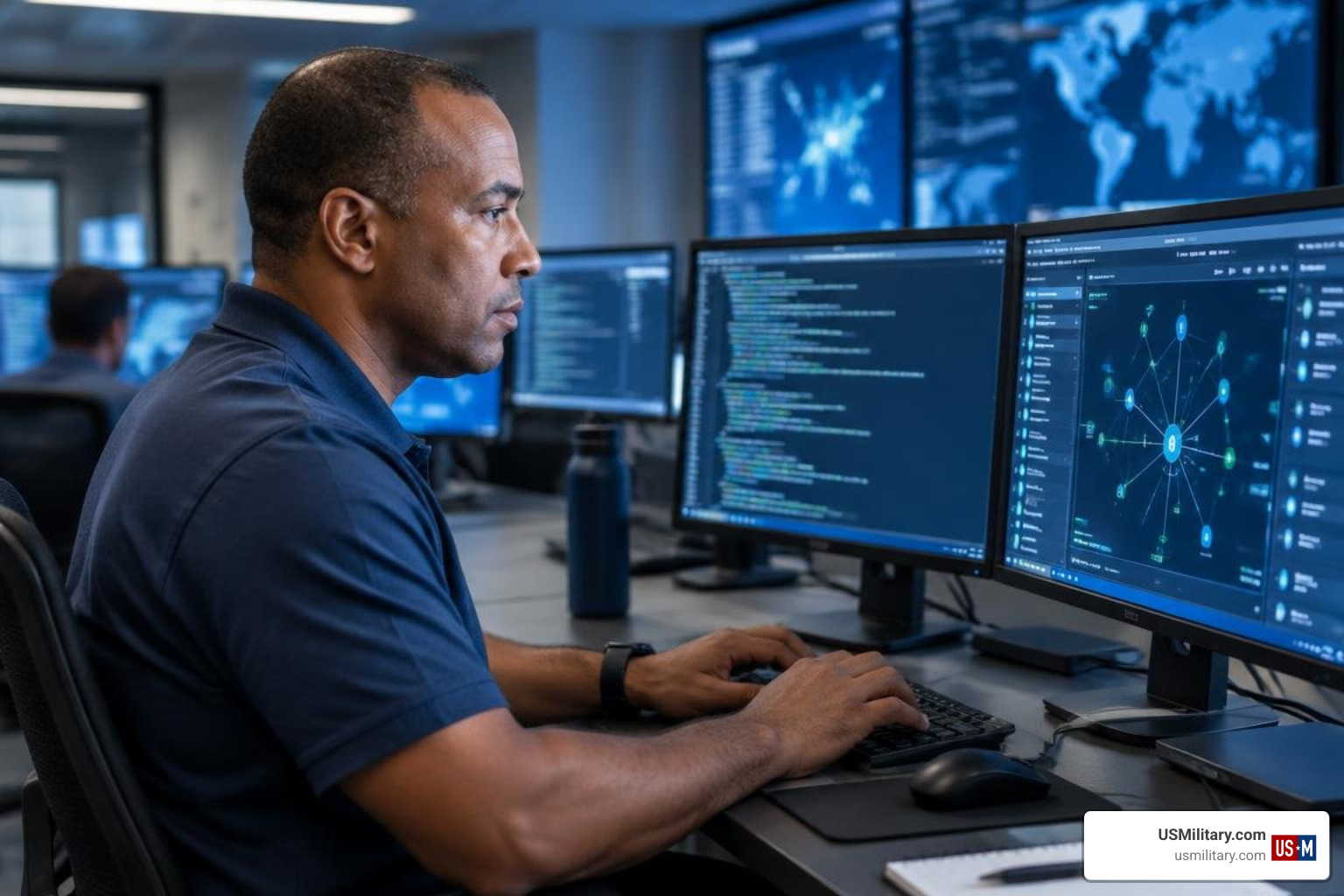 Veteran working on cybersecurity systems in a modern technology operations center Veteran working on cybersecurity systems in a modern technology operations center