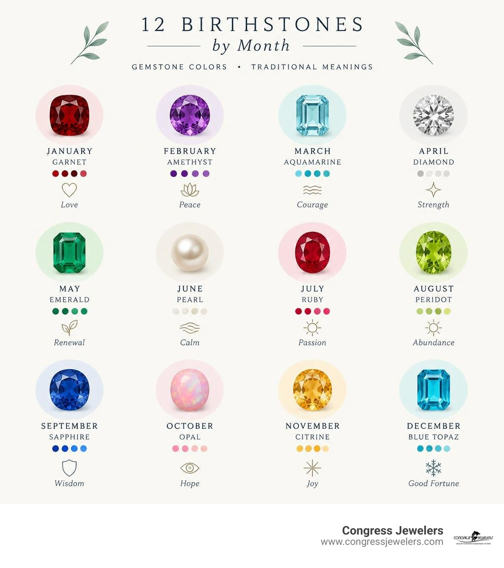 12 birthstones by month with gemstone colors and traditional meanings infographic 12 birthstones by month with gemstone colors and traditional meanings infographic