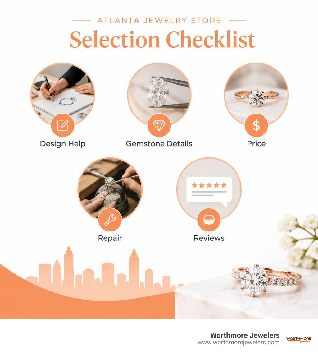Atlanta jewelry store selection checklist: design help, gemstone details, price, repair, reviews infographic Atlanta jewelry store selection checklist: design help, gemstone details, price, repair, reviews infographic