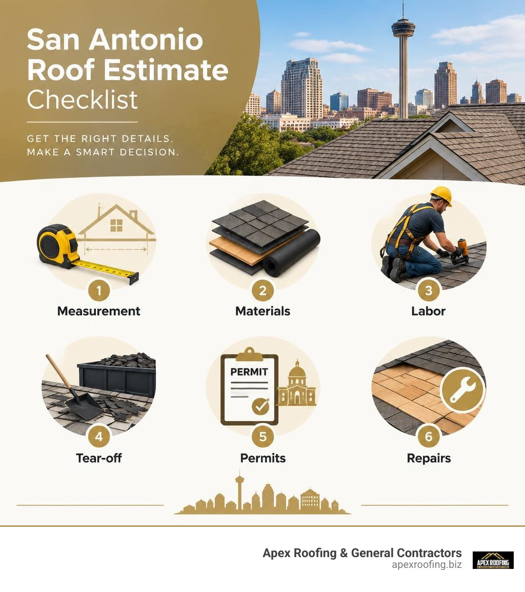 San Antonio roof estimate checklist: measurement, materials, labor, tear-off, permits, and repairs infographic