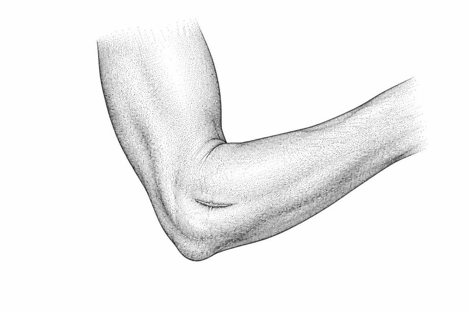 stippled illustration of an elbow joint in partial flexion with a healing scar band