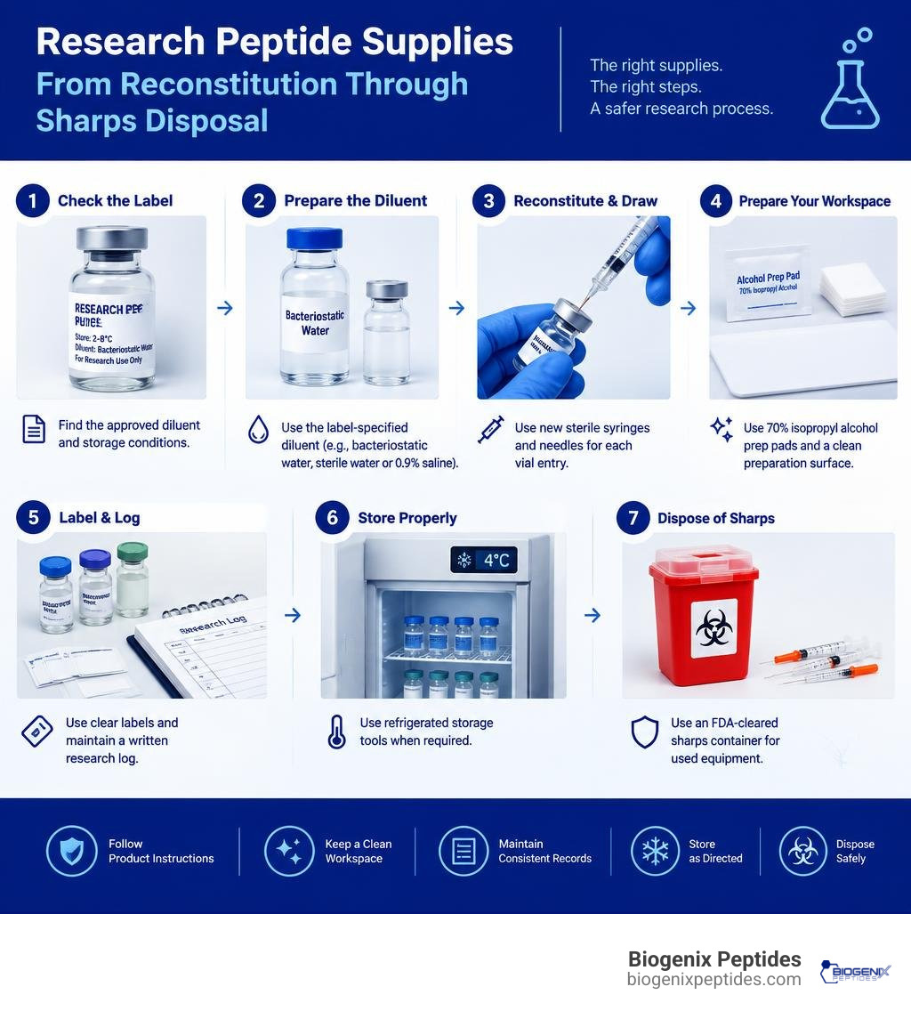infographic of research peptide supplies from reconstitution through sharps disposal infographic