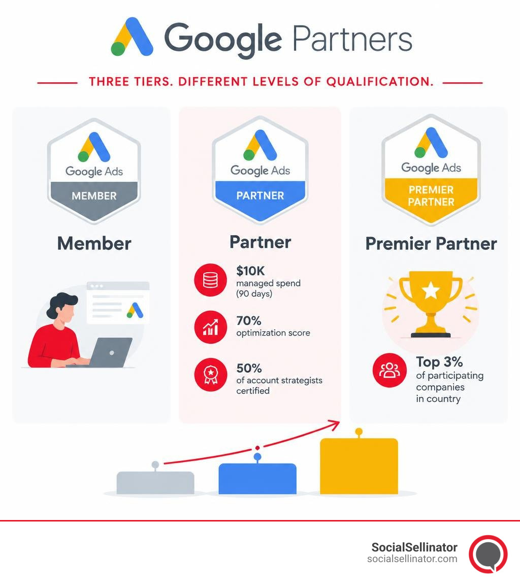 Google Partners tiers infographic showing Member, Partner, and Premier qualification levels infographic Google Partners tiers infographic showing Member, Partner, and Premier qualification levels infographic