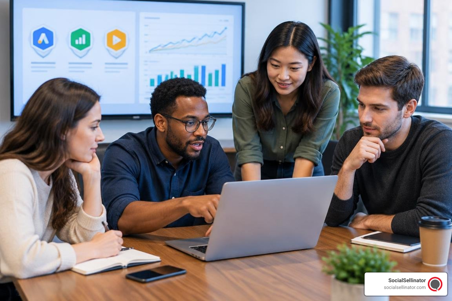 Marketing team reviewing Google Ads certifications and performance reports Marketing team reviewing Google Ads certifications and performance reports