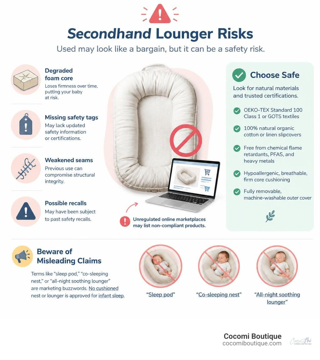 Warning infographic on secondhand marketplace lounger risks infographic