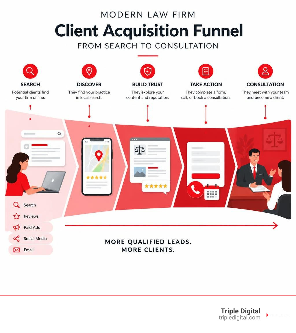 Modern law firm client acquisition funnel from search to consultation infographic
