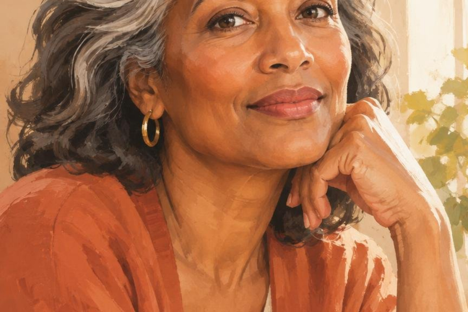 cortical and trabecular bone structure Illustration of a smiling older woman with gray hair resting her chin on her hand