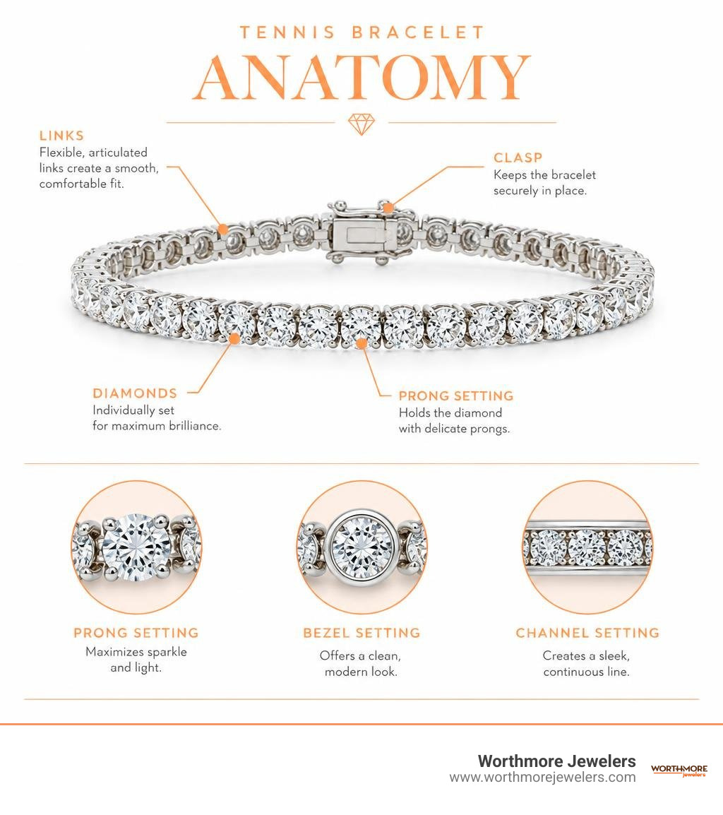Tennis bracelet anatomy showing diamonds, links, prong, bezel, and channel settings infographic Tennis bracelet anatomy showing diamonds, links, prong, bezel, and channel settings infographic