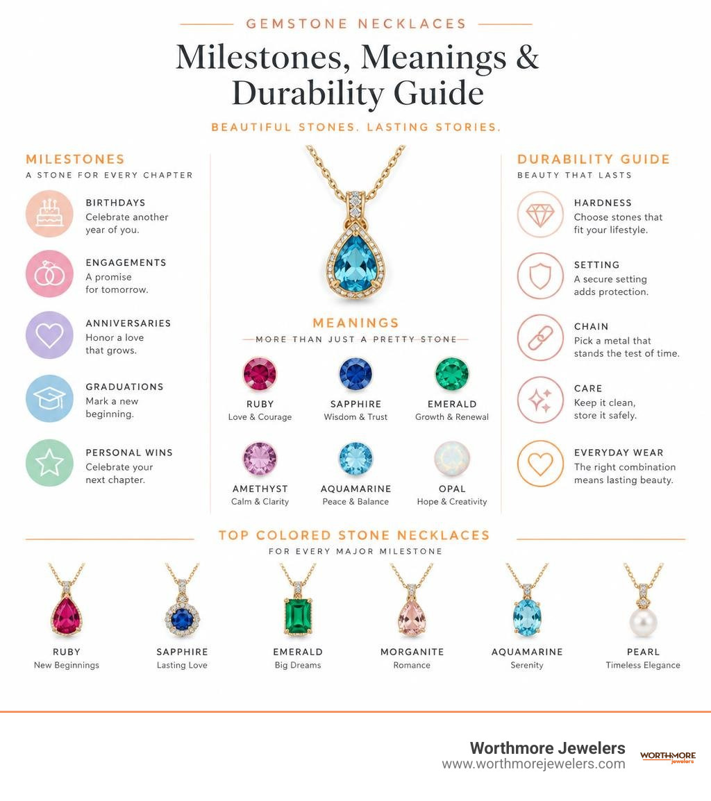 Gemstone necklace milestones, meanings, and durability guide infographic Gemstone necklace milestones, meanings, and durability guide infographic