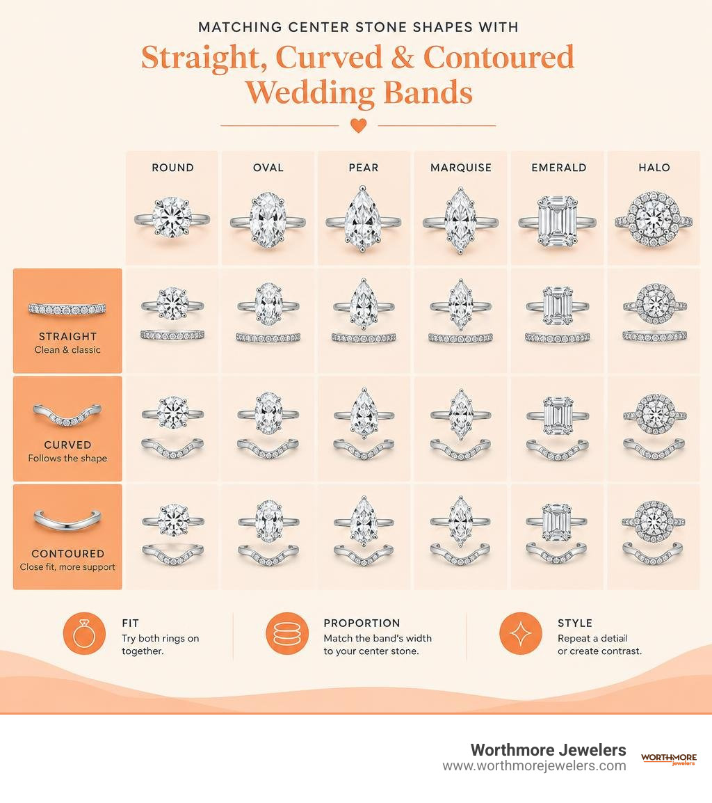 Infographic matching center stone shapes with straight curved and contoured wedding bands infographic Infographic matching center stone shapes with straight curved and contoured wedding bands infographic